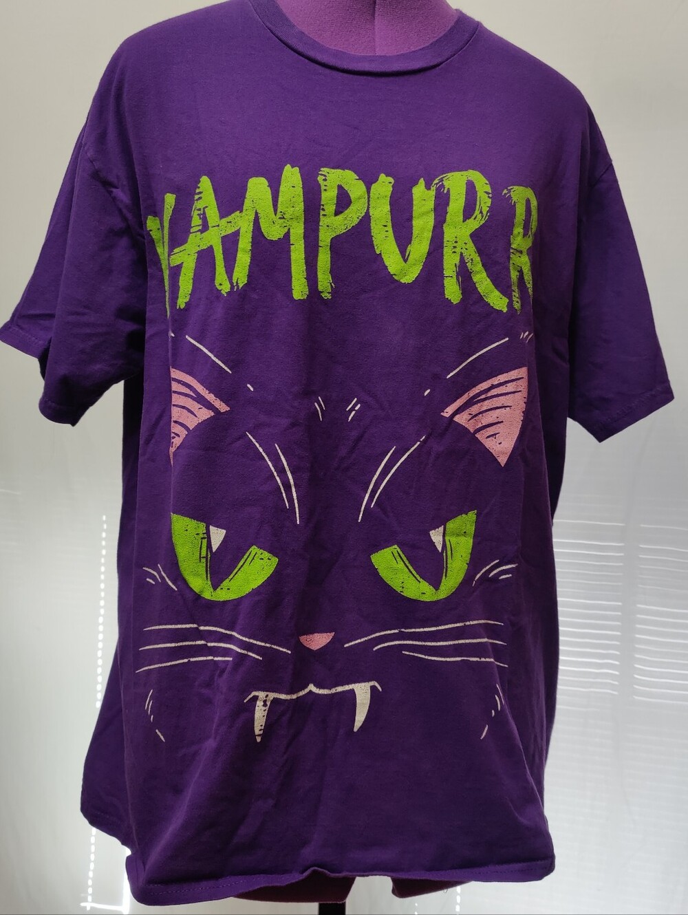Port and Company Purple Graphic Cat Tee with Green and Pink Accents